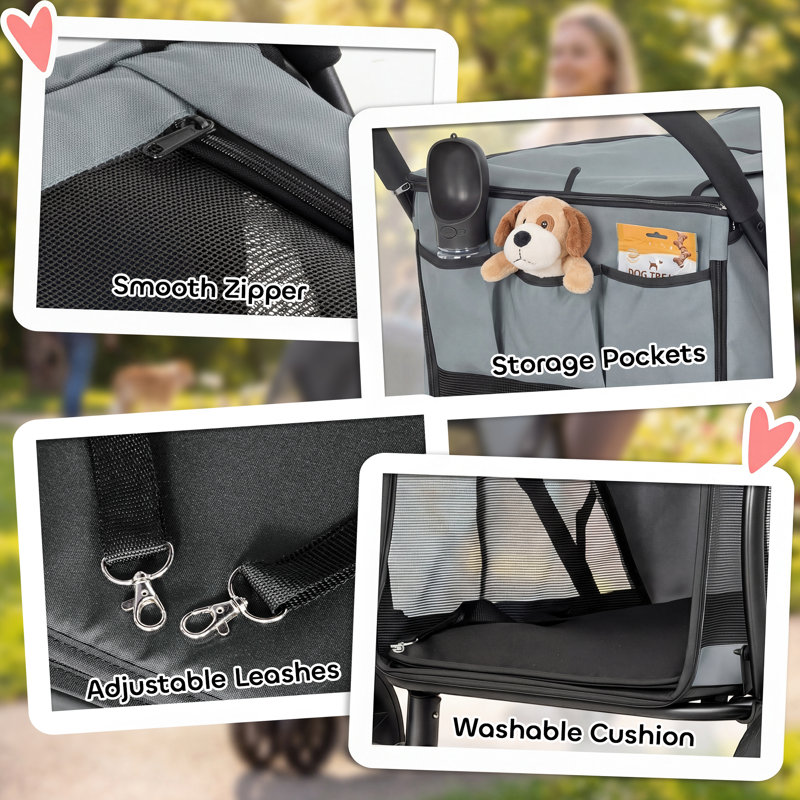 3 Wheel Pet Stroller, Dog Stroller Dual Entry, Easy One-Click Quick Fold, All-Terrain Wagon Cart with Mesh Window, Washable Cushion, for Small and Medium Dogs and Cats Up to 44 lbs, Gray