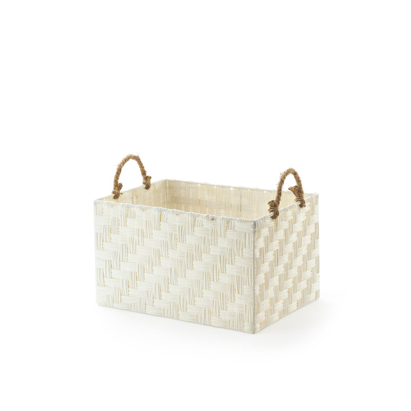 Off-White Faux Wicker Storage Basket with Rope Handles