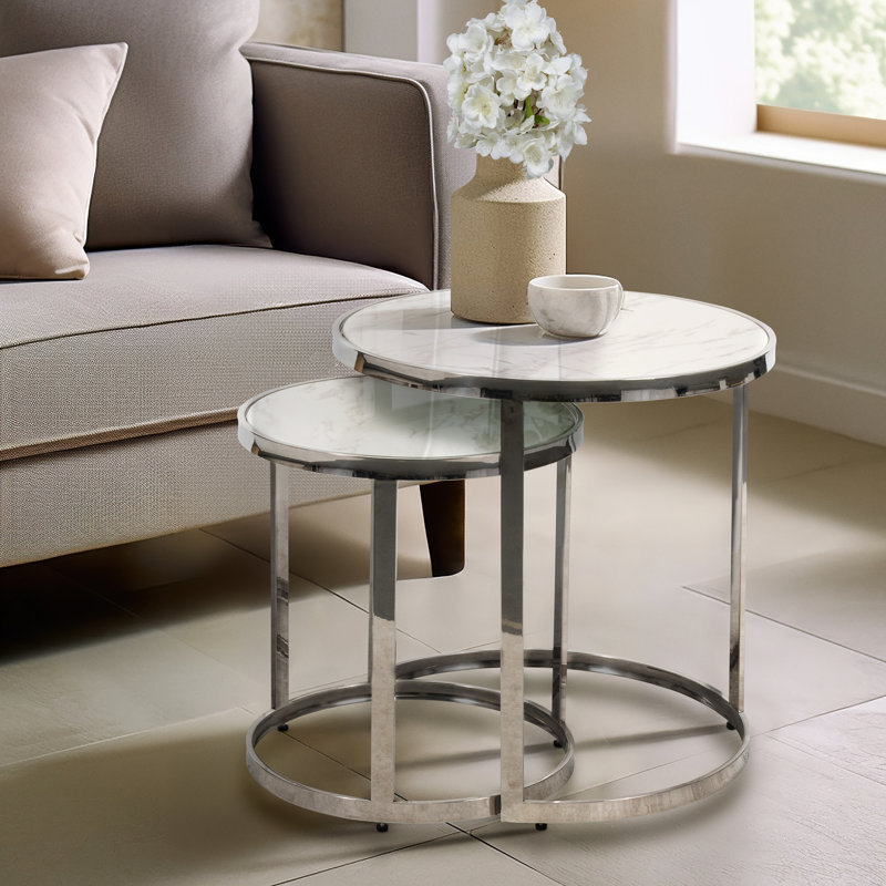 Marble Glass Round Nesting Side Tables, for Style and Function in Living Room or Bedroom Décor, Silver
