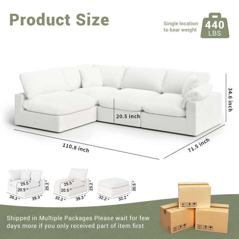 Canapé modulaire surdimensionné 4 places Cloud Couch, H 34,6 po x l 110,8 po x P 71,5 po, 4, Blanc