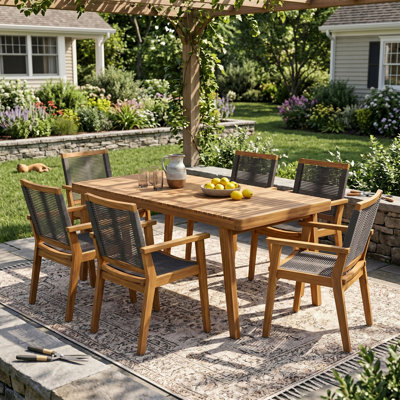 Ensemble de salle à manger d'extérieur 7 pièces 7 pièces, table rectangulaire en bois d'acacia de 69 po et 6 fauteuils en corde gris foncé