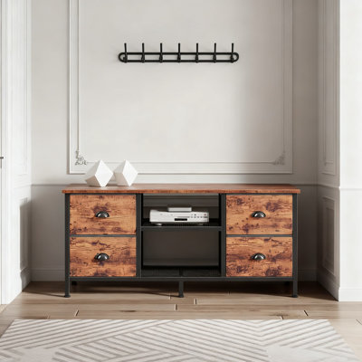 Meuble télé 43 pouces avec 4 tiroirs en tissu et tablettes ouvertes, console multimédia avec design en maille métallique pour le salon et la chambre à coucher