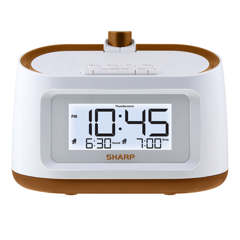 Sharp Digital Tabletop Projection Alarm Clock with 8 Soothing Sounds, White, 7.25" H x 6.75" W x 4.50" D