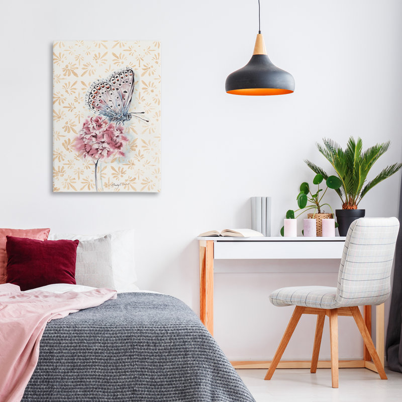 Papillon et fleur sur toile, par Cady, H 24 po x l 16 po