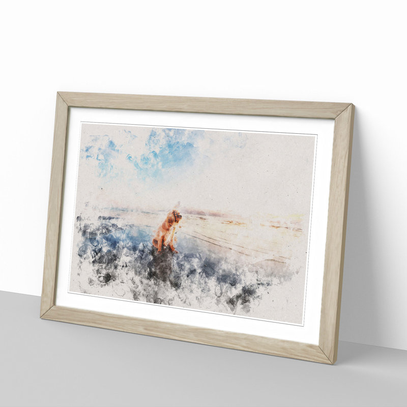 King Charles Spaniel upon the Beach - Picture Frame Painting Print, 24cm H x 33cm W x 2cm D, Oak Framed