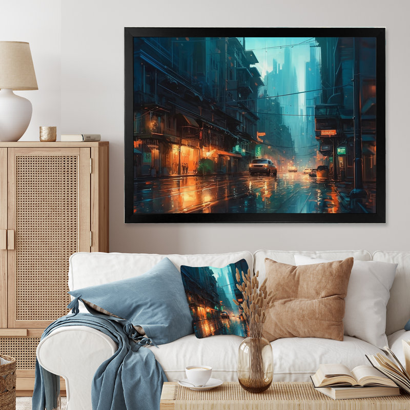 «Blue and Yellow Art Deco Cityscapes Unveilé II», reproduction sur toile, Cadre photo noir, H 16 po x l 32 po x P 1 po