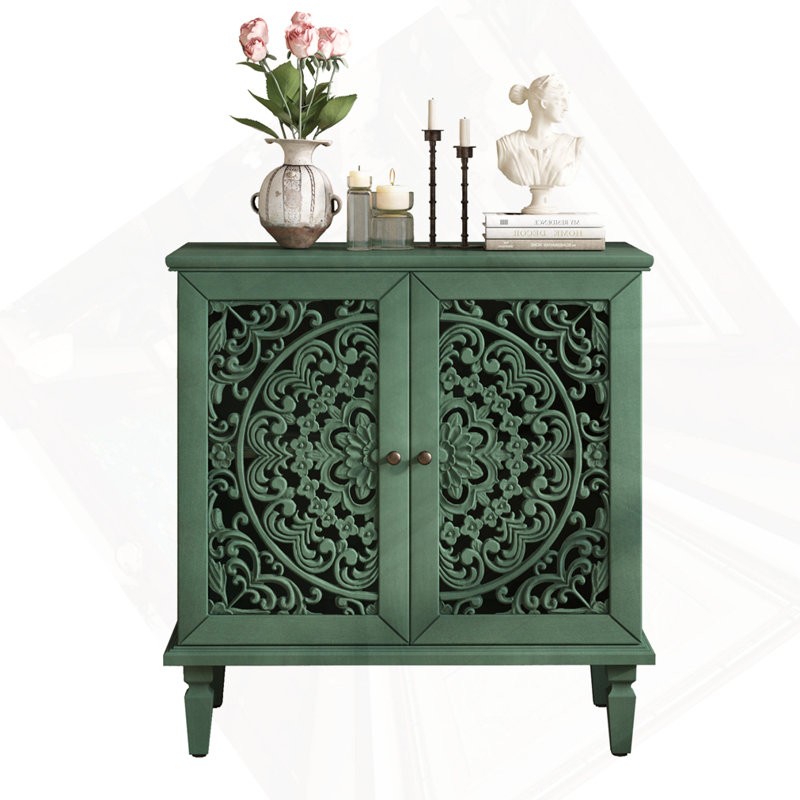 Vintage Hollow-Carved 2-Door Display Storage Sideboard, Antique Green