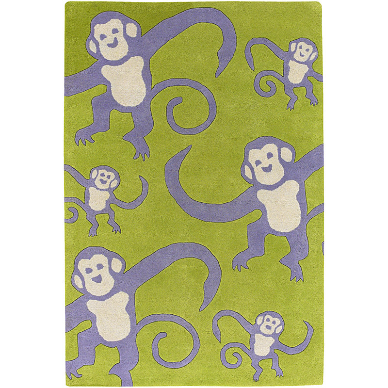 Caroline Authentic Hand-Tufted Handcrafted Chartreuse Green, Purple & Ivory Playful Monkey Wool Area Rug, Rectangle 5' x 7'6"