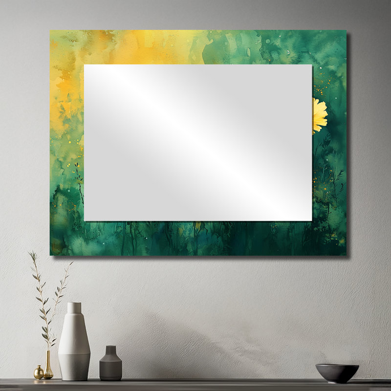 Golden Meadow in Greens And Yellows Realism - Miroir d'appoint mural pissenlit - imprimé sur métal, 30 po x 40 po