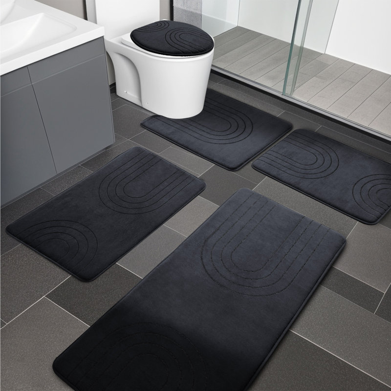 5 Piece Plush Memory Foam Bath Rug Set with Non-Slip Backing and High Absorbency, Black