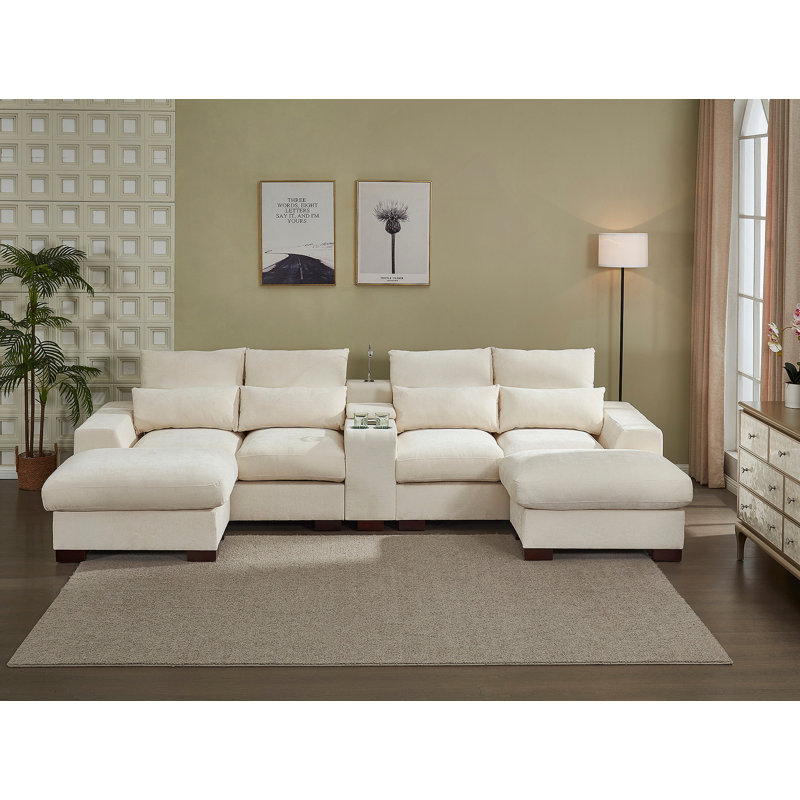 Canapé modulaire moderne avec console, port de charge USB, lampe de lecture, porte-gobelet, beige, Tissu beige