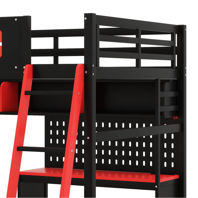 Lit mezzanine pleine grandeur avec bureau et lumières DEL, lit mezzanine en bois avec tablettes de rangement, Noir et rouge