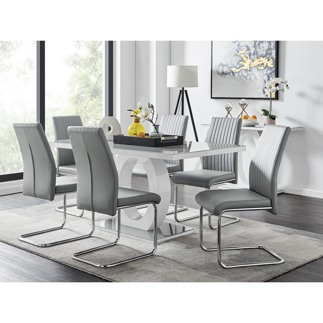 Scottsmoor Modern High Gloss Halo 6 Seater Dining Table Set with Luxury Faux Leather Dining Chairs East Urban Home Chair 