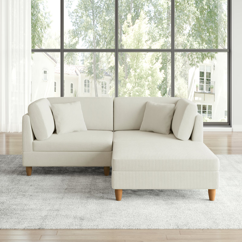 Seemab 3 - Piece Upholstered Beige Corduroy Modular Sectional with Pillow Back and Removable Ottoman, Beige
