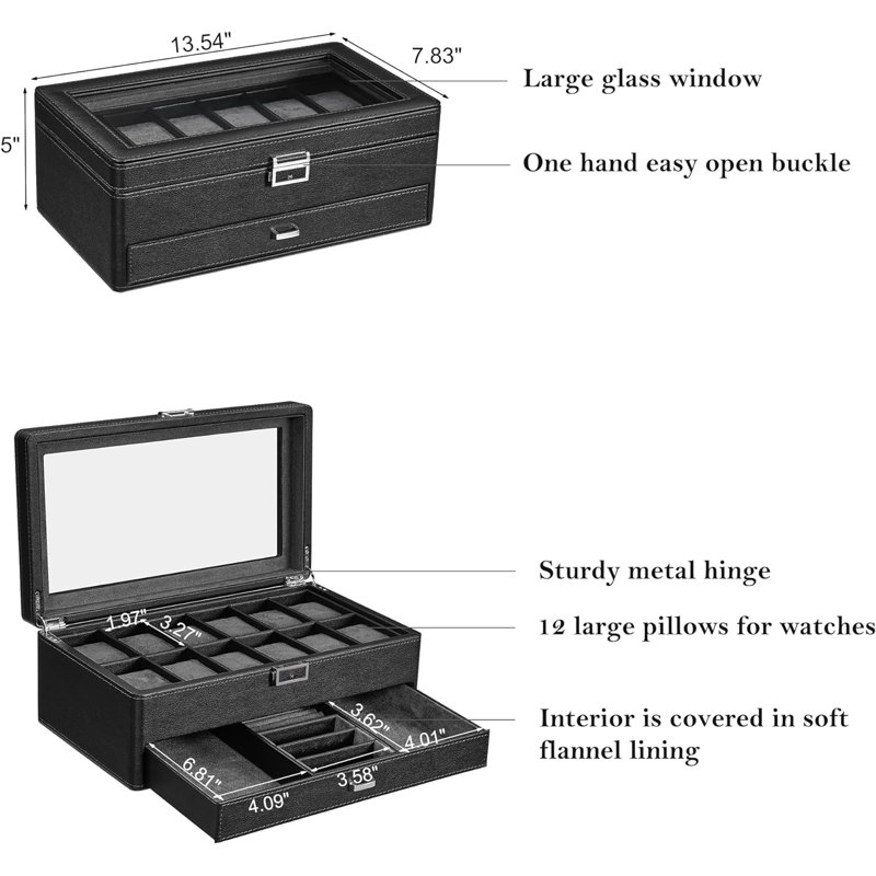 12-Slot Luxury Watch Box with Valet Drawer, Black