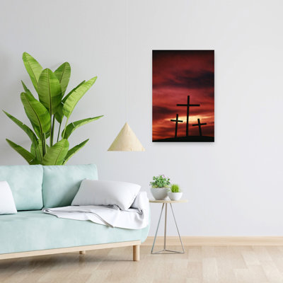 «1960s symbolical Three Crosses of Calvary Silhouetted Against Red Sky Classic Retro Vintage Landscape Nature Art mural