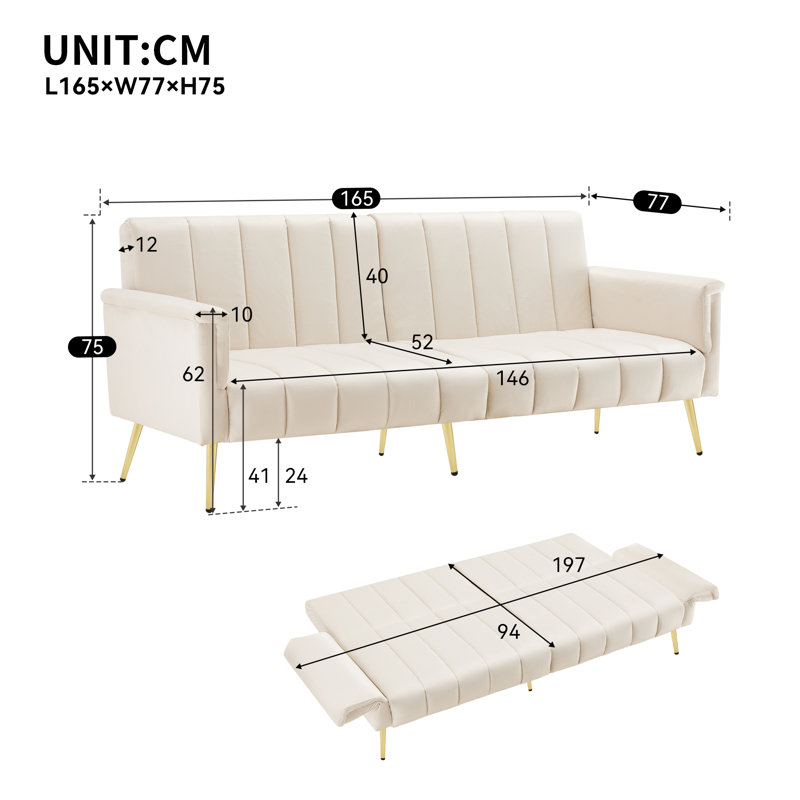 2 Seater Velvet Sofa Bed, Beige