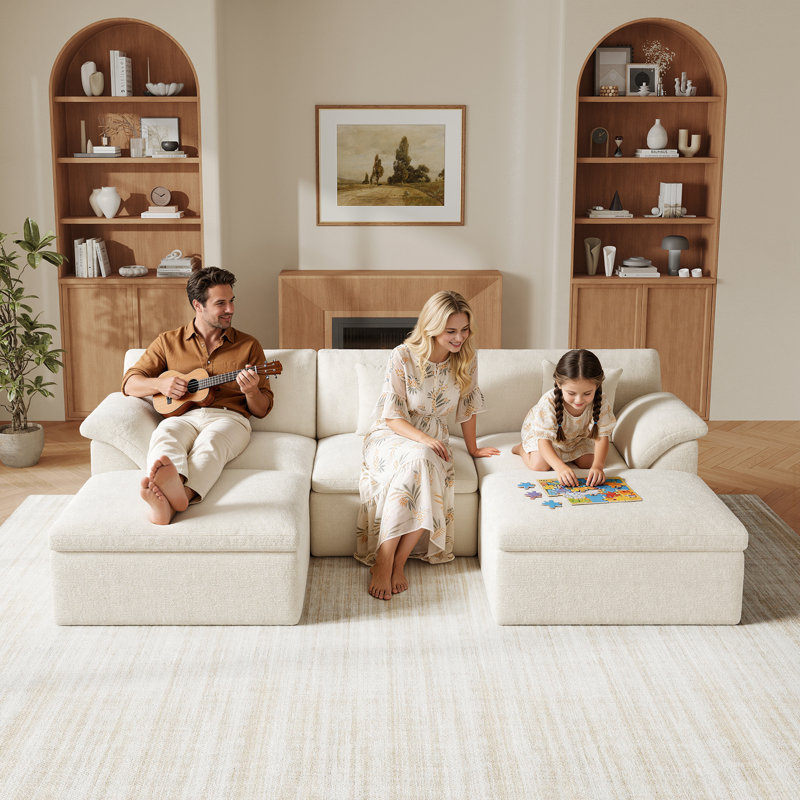 110.2" Modular Cloud Couch with Ottoman, U-Shaped Deep Seat Sofa for Living Room, No Assembly Required, Beige