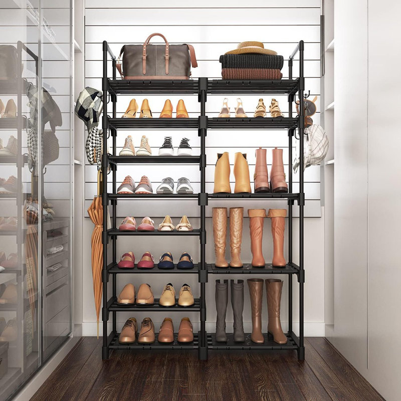 Shoe Rack Organizer, 8-tier Metal Shoe Rack For Closet Entryway Garage, 26-32 Pairs Tall Shoe Boot Storage Shelf With 15 Hooks, Stackable Large Shoe Stand