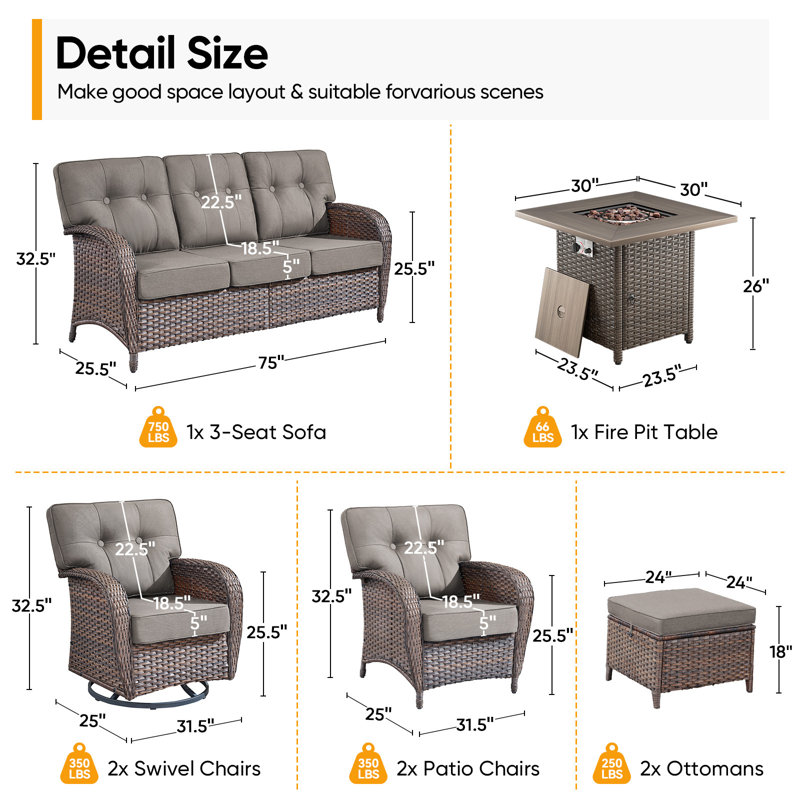 Teebeck 8-Piece Wicker Rattan Patio Conversation Set With Square Fire Pit Table And Swivel Chairs, Gray