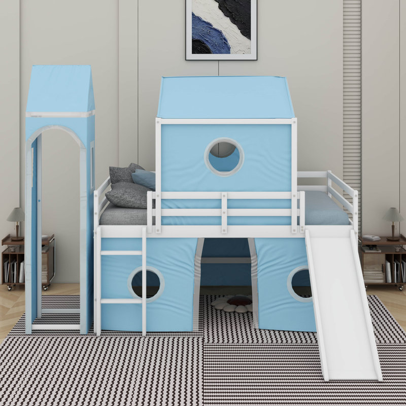 Lit mezzanine double avec tour, Bleu