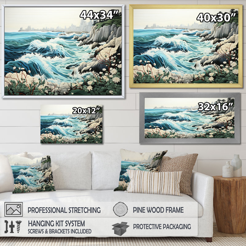 Tempête bleue et blanche côtière du Japon I, Cadre flottant blanc, H 30 po x l 40 po x P 1,5 po
