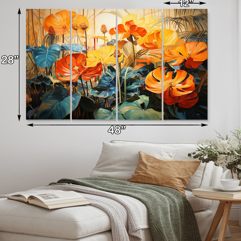 Ensemble de décorations murales en métal orange, vert et plantes tropicales IV