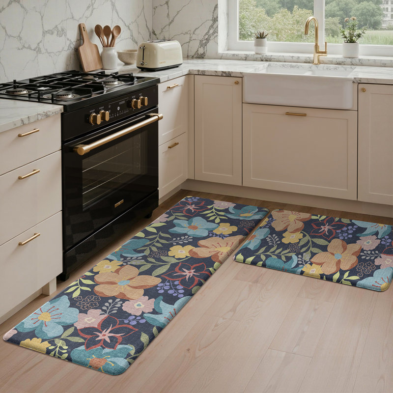 Tapis de cuisine rétro anti-fatigue floral avec envers antidérapant (ensemble de 2), 17" X 30"+17" X 47", Black