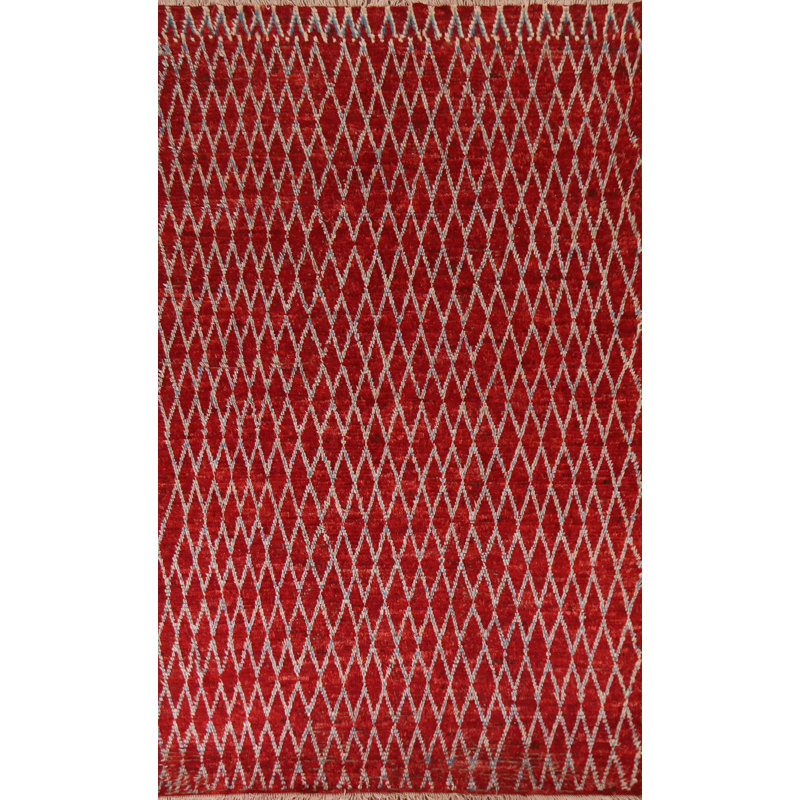 Tapis rouge en laine noué à la main de conception unique 6 pi 5 po x 9 pi 7 po New Age
