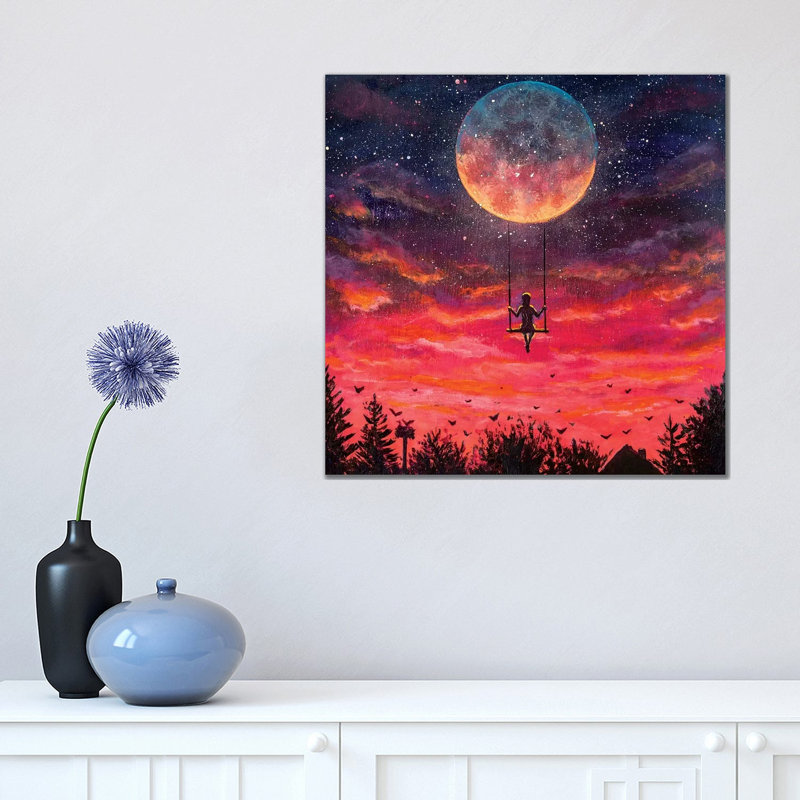 Man Riding On Big Moon Planet Earth by Valery Rybakow - Painting on Canvas, Wrapped Canvas, 45.72cm H x 45.72cm W x 3.81cm D
