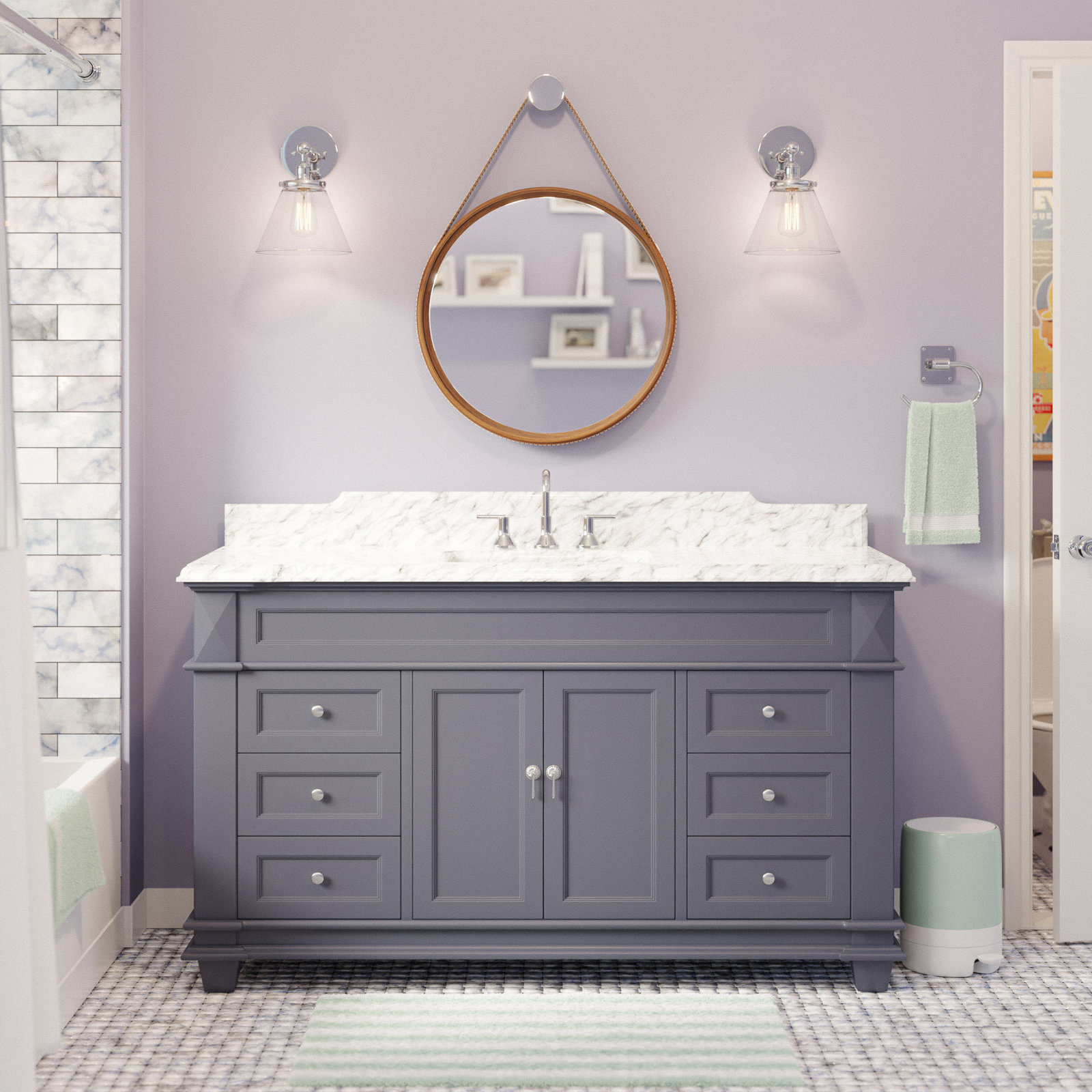 Ensa 60'' Single Bathroom Vanity, Carrara Marble, Marine Gray