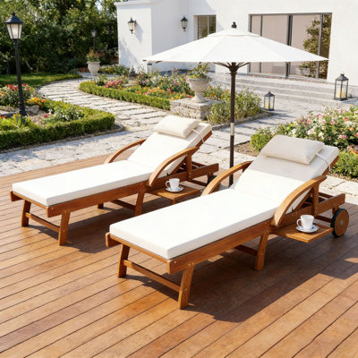 77.5" Outdoor Lounge Chairs, Acacia Wood Frame, Cushioned, Adjustable Backrest & Leg Rest, Headrest & Retractable Side Tray, Perfect for Patio, Pool, Garden, Beach 