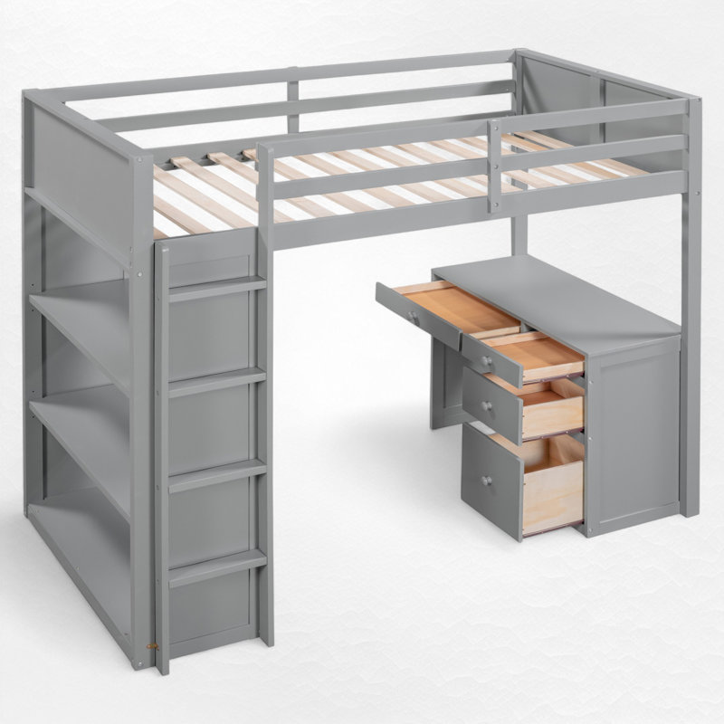 Lit mezzanine avec bureau intégré et rangement, Gris, Simple