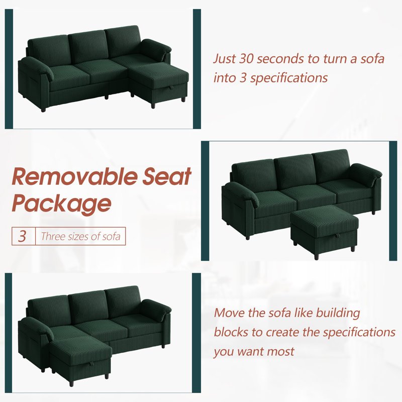 79'' Upholstered Sofa With Ottoman, Green