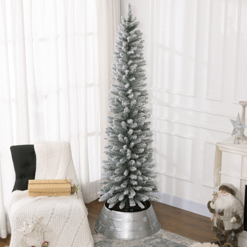7Ft Artificial Pencil Christmas Tree With 405 Snow Flocked Tips, Metal Base, Realistic Xmas Tree