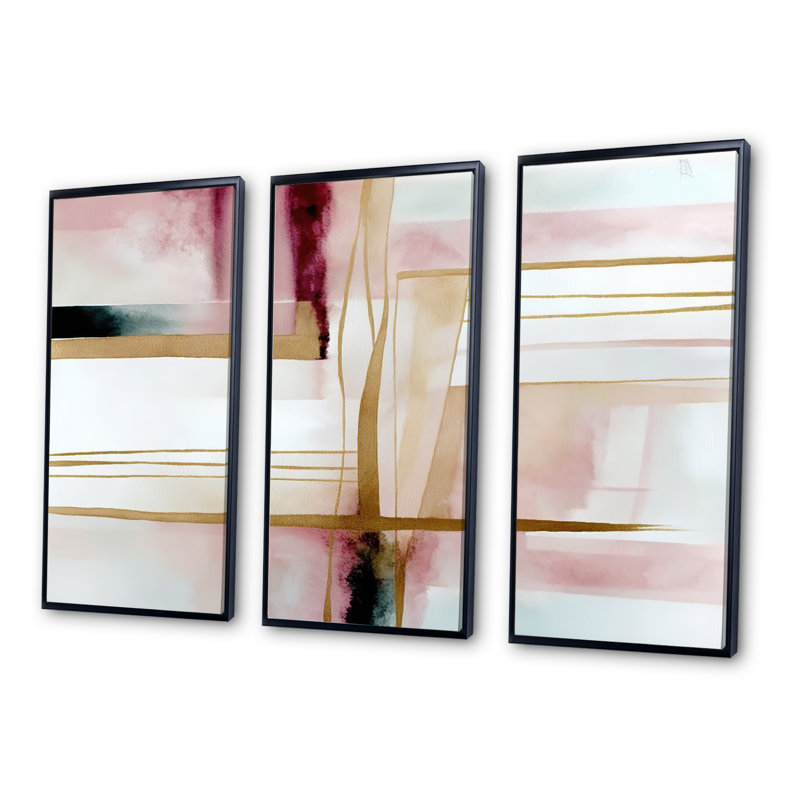 Abstrait géométrique géométrique rose et rouge II - 3 pièces sur toile, H 32 po x l 48 po x P 1 po, Cadre flottant noir