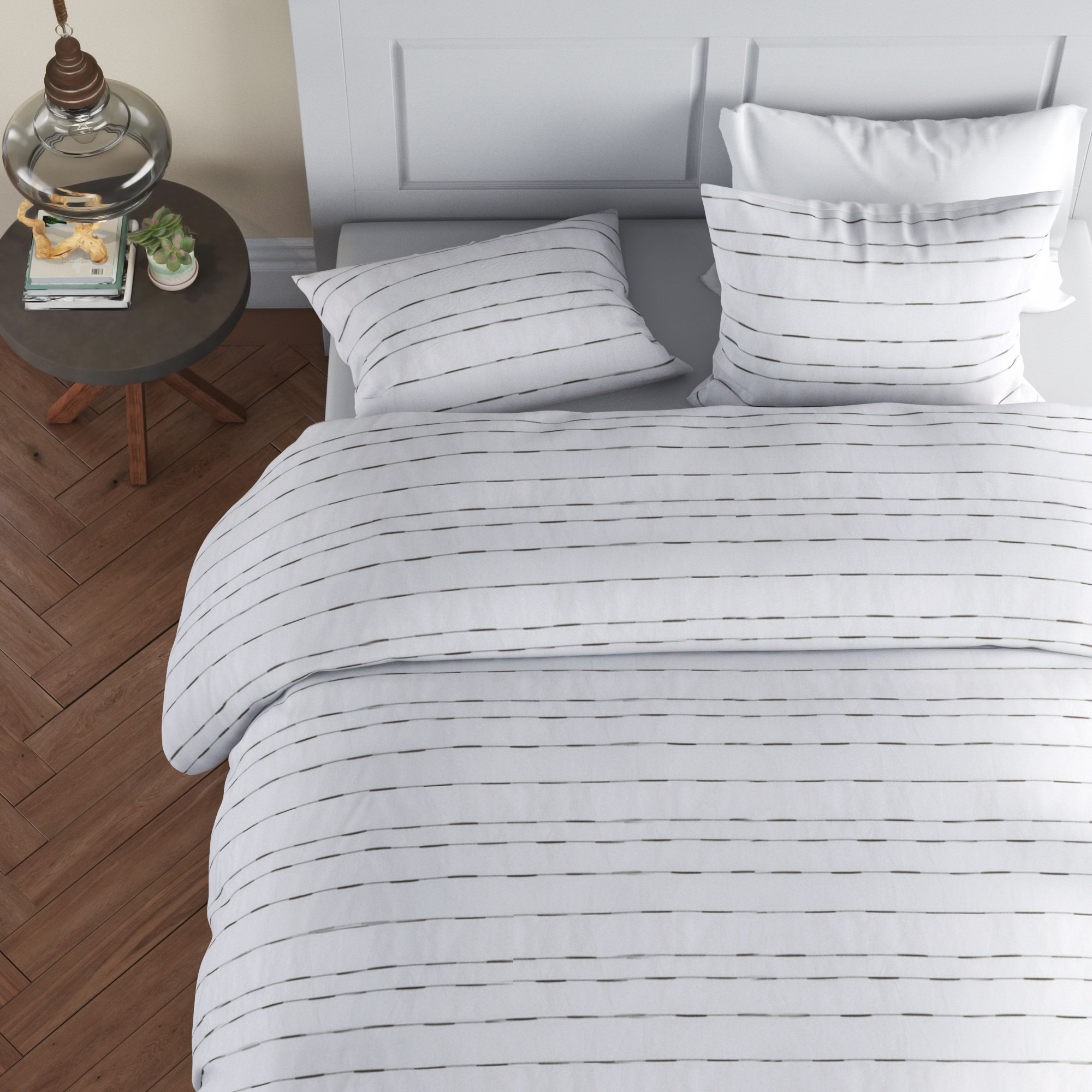 Zari Cotton Percale Duvet Cover Set, Queen Duvet Cover + 2 Standard Shams, White/Gray