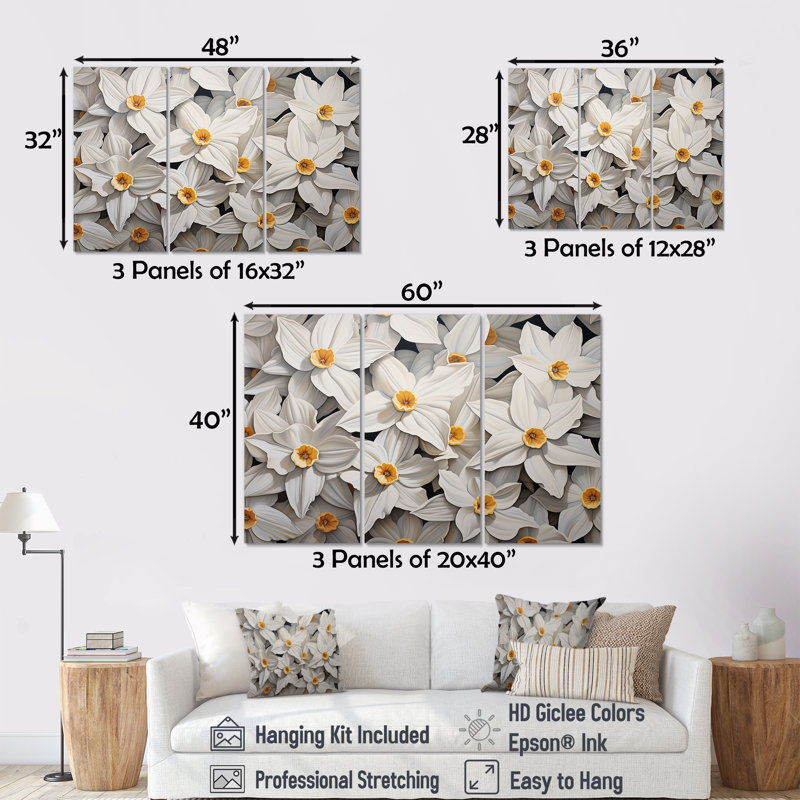 Minimalisme, jonquilles blanches III - ensemble de jonquilles sur toile, H 28 po x l 36 po x P 1 po, Toile tendue