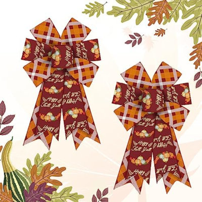 2 Pieces Happy Fall Pumpkin Bows for Wreath, Thanksgiving Wreath Bows Orange Burlap Bow Autumn Harvest Craft Bow Holiday Farmhouse Bows for Front Door Wall Fall Thanksgiving Decoration Supplies