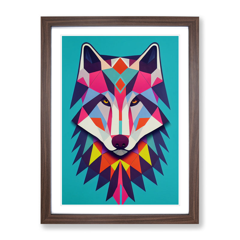 Colourful Abstract Wolf - Wall Art, 66cm H x 48cm W x 2cm D, Walnut Framed, White