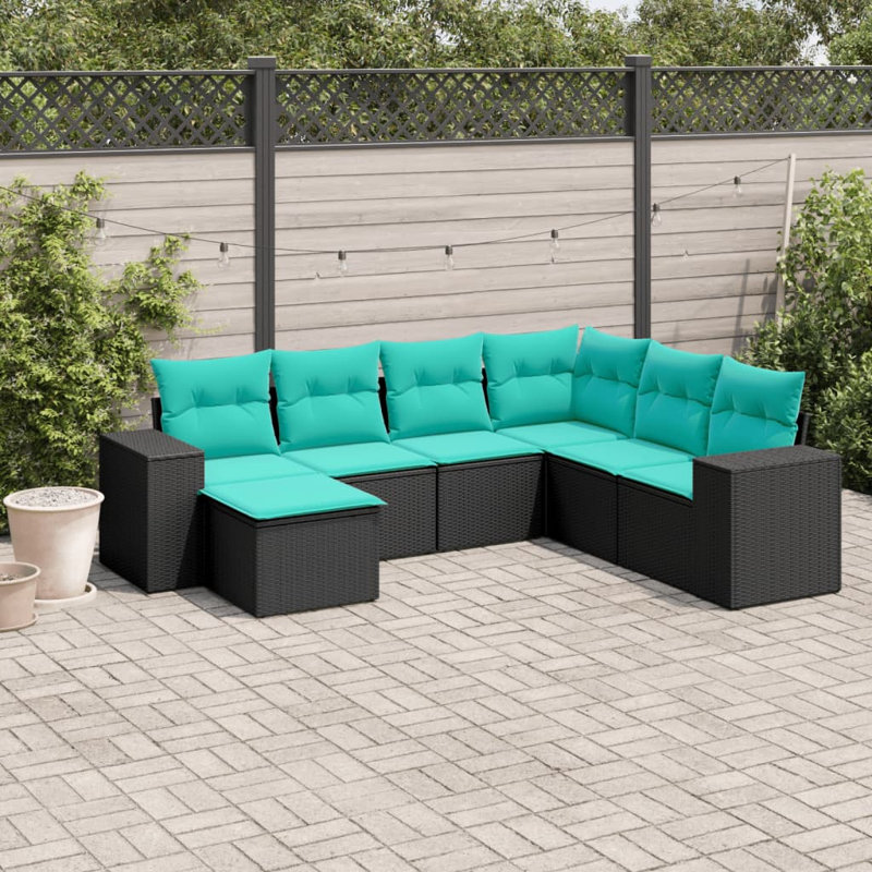  7 Piece Patio Sofa Set With Cushions Black Poly Rattan