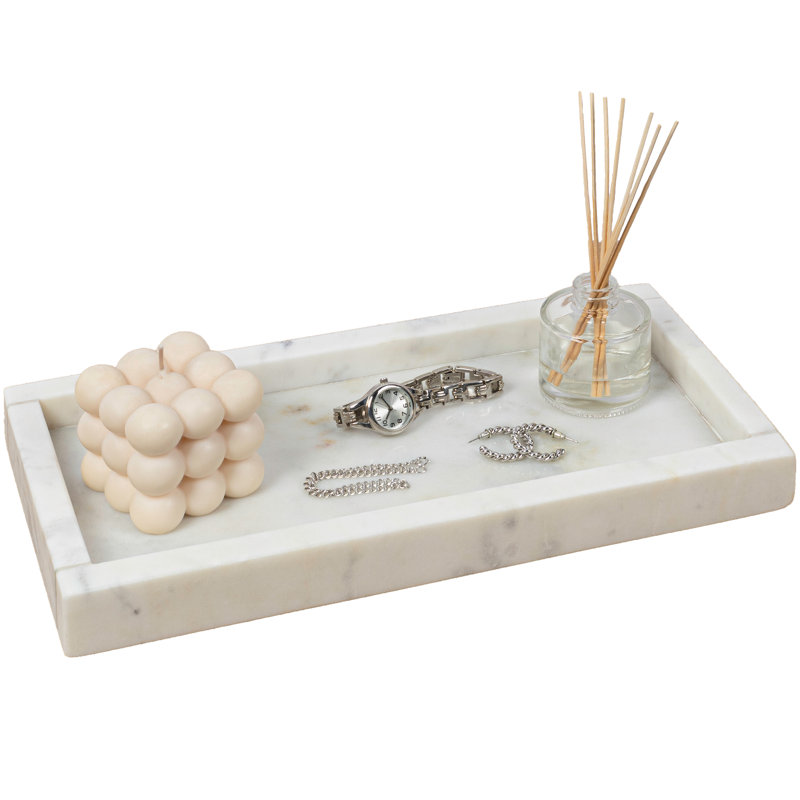 Plateau de comptoir de salle de bain rectangulaire minimaliste en marbre 12 po x 6 po Luxe Stone, Marbre blanc