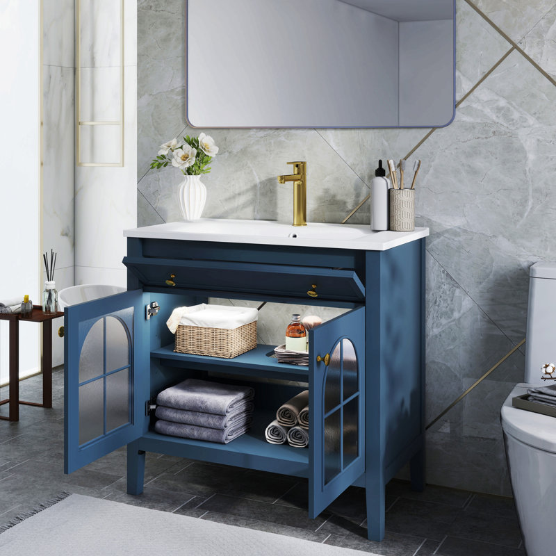 Lavabo de salle de bain de style milieu du siècle de 90,4 cm (35,6 po) avec verre à motifs et bande lumineuse à détecteur de mouvement, lavabo sur pied de style ferme avec rangement, meuble-lavabo haut de gamme pour salle de bain, bleu