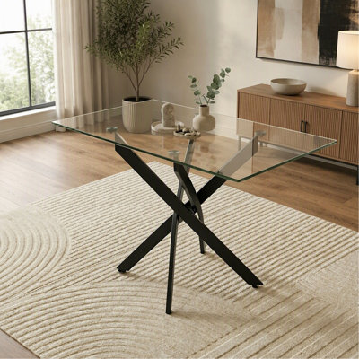 Table de salle à manger rectangulaire, table de salle à manger en verre de 47,24 po avec pieds noirs, table de cuisine moderne pour la maison, salle à manger