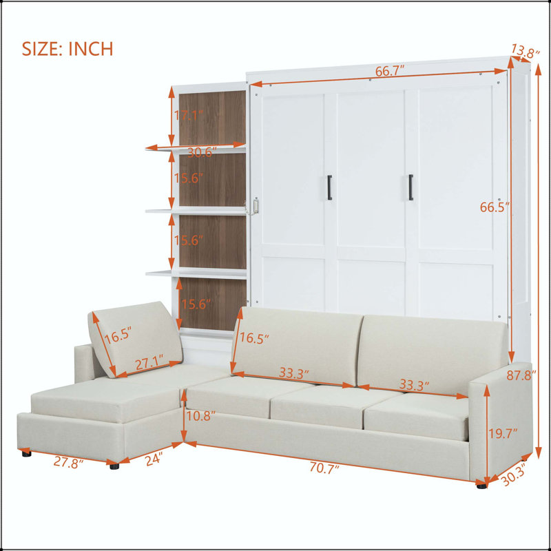 Grand lit escamotable avec canapé et tablettes, Blanc