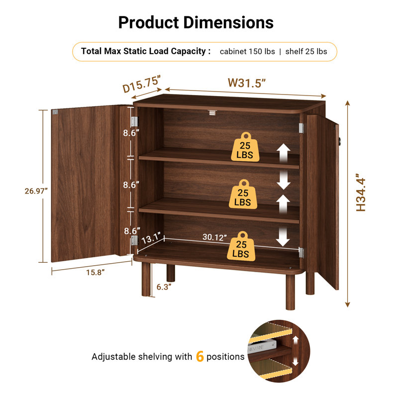 Seyla 31" Sideboard Buffet Cabinet Fluted Door with 2 Adjustable Shelves & Solid Wood Leg Credenza Accent Cabinet For Living Room Entryway Dining Room