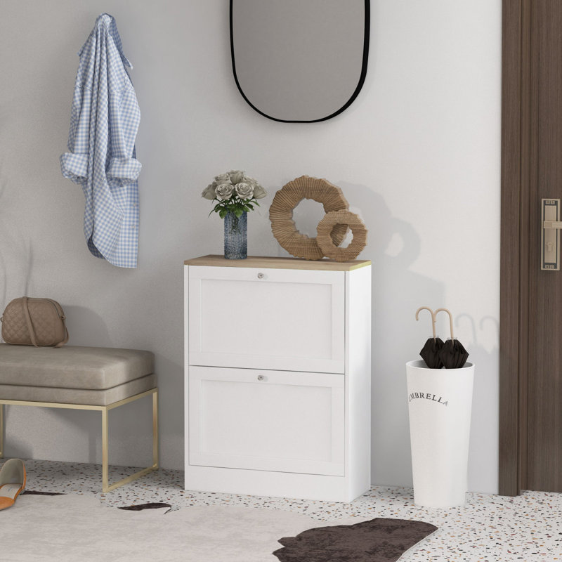 Slim Shoe Cabinet For Entryway, Modern Hidden Shoe Storage Cabinet With 2 Flip Drawers And Adjustable Shelves For 12 Pairs Of Shoes
