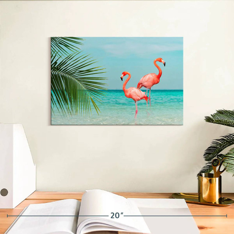 Flamants roses et feuilles de noix de coco, H 8 po x l 12 po