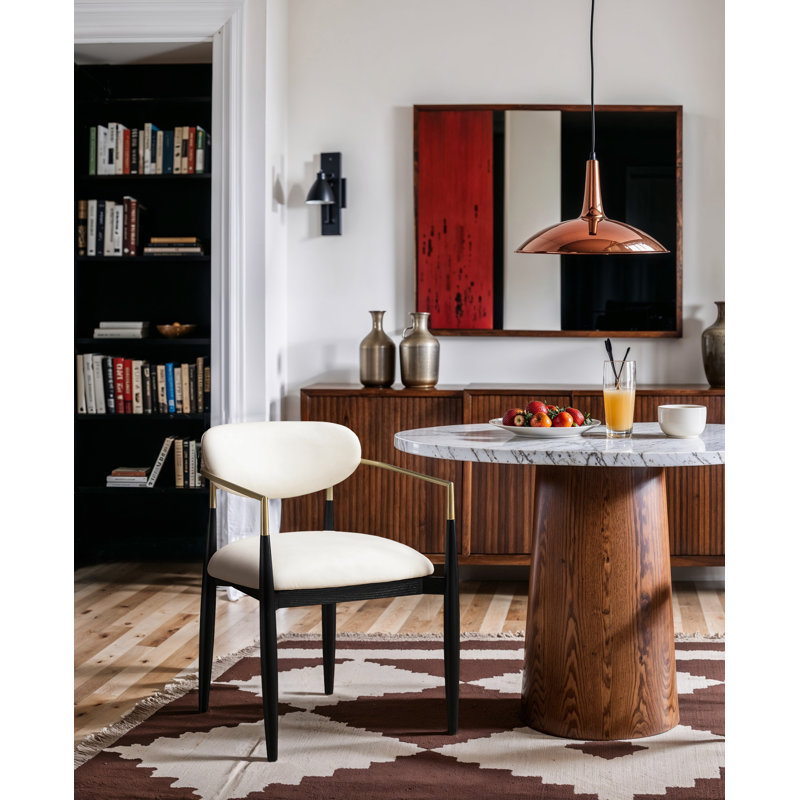 Eligah Vegan Leather Upholstered Dining Arm Chair, Cream Vegan Leather, Stained Black / Brushed Brass