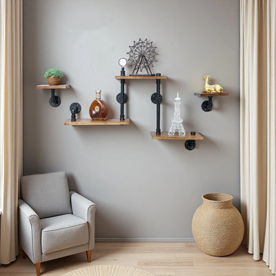 Industrial Rustic Modern Wood Ladder Pipe Wall Mounted Floating Shelves - Set Of 3 Bookshelf,DIY Storage Shelving,Hung Bracket,Bookcase (Set Of 3 Ladder Shelves)